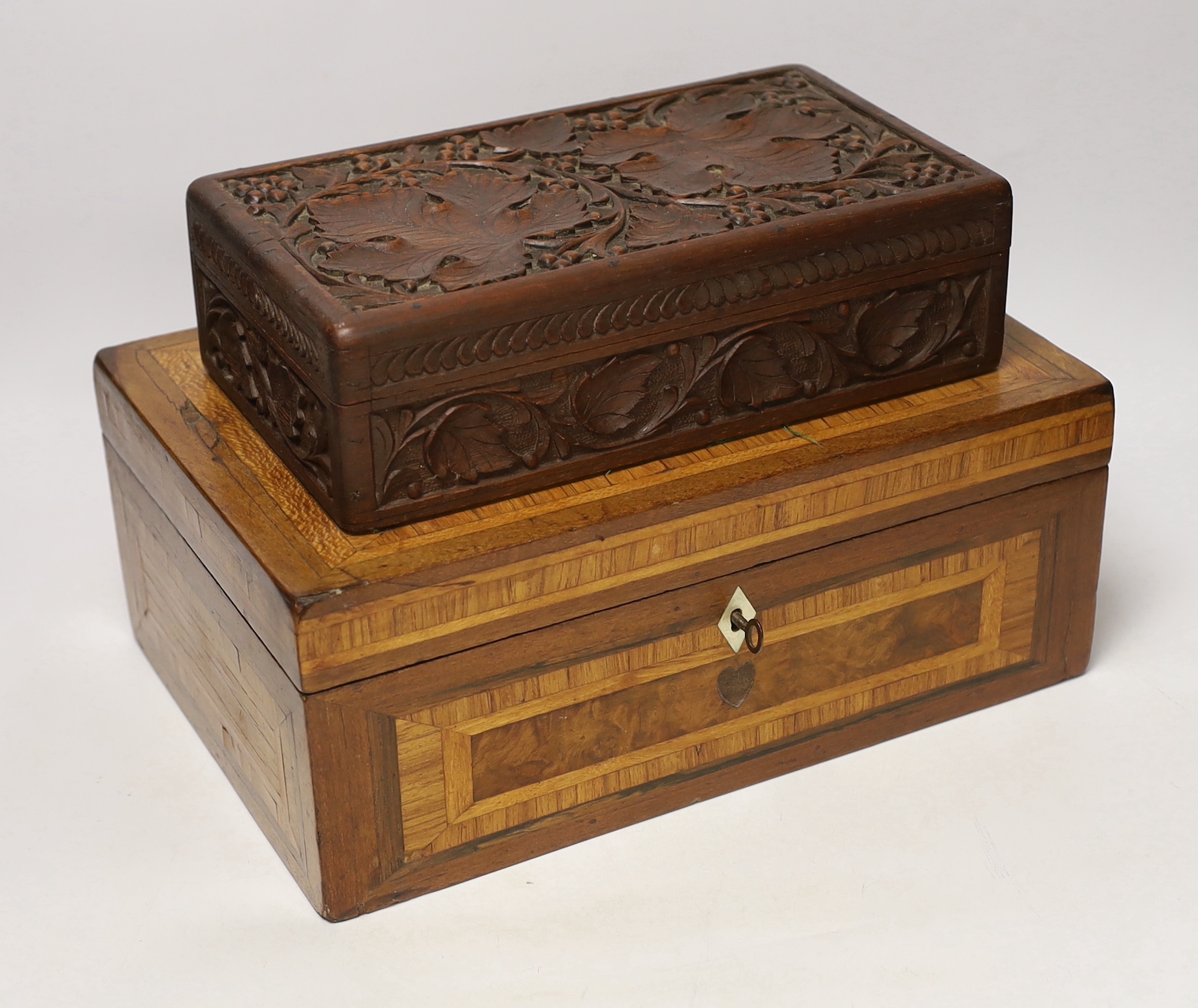 Letter scales and weights, a inlaid box, a carved box, a pair of plated coasters, carriage clock, inlaid box 33cm wide x 13cm high